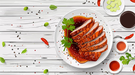 Delectable Plate of Roasted Meat and Savory Soy Sauce on an Elegant White Plateのイラスト素材