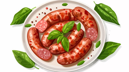 Homemade Raw Sausages with Fresh Basil Leaves on White Backgroundのイラスト素材