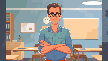 Cartoon Vector Illustration of Male Teacher Standing in Front of a Classroomのイラスト素材