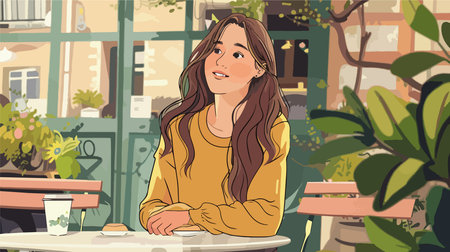 Cartoon Portrait of a Joyful Young Woman Relaxing in an Outdoor Cafe