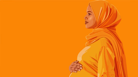 Radiant Portrait of a Muslim Woman Embracing Pregnancy in a Warm Orange Settingのイラスト素材
