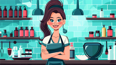 Professional Hair Stylist Showcasing Tools with Joyful Expressionのイラスト素材
