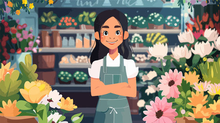 Cheerful Shop Owner Surrounded by Vibrant Flowersのイラスト素材