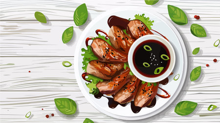Delectable Plate of Roasted Meat and Savory Soy Sauce on an Elegant White Plateのイラスト素材