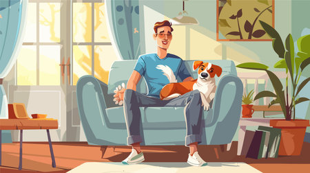 Heartwarming Cartoon Scene of Dog and Person Relaxing in Living Roomのイラスト素材