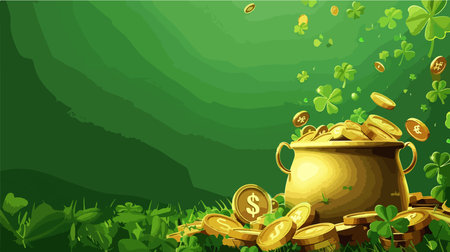Pot of Gold Coins and Clover Adorned with Lucky Charms on Vibrant Greenのイラスト素材