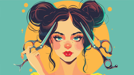 Artistic illustration with scissors on vibrant turquoise and yellow backgroundのイラスト素材