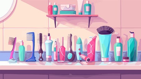 Cartoon Illustration of Professional Hairdressing Tools on a Tableのイラスト素材