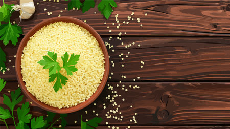 Raw Couscous in Wooden Bowl with Parsley on Rustic Brown Tabletopのイラスト素材