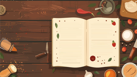 Colorful Ingredients and Recipe Book on a Rustic Wooden Tabletopのイラスト素材