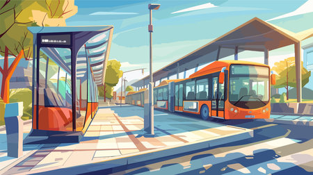 Public Transport Station with Modern Buses on a Sunny Dayのイラスト素材