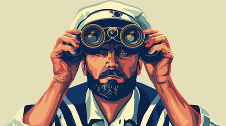 Cartoon Sailor Peering through Binoculars on Light Gray Backgroundのイラスト素材
