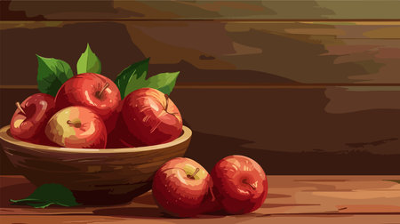 Bowl of Ripe Red Apples and Green Leaves on a Wooden Tabletopのイラスト素材