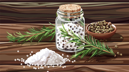Aromatic Salt and Rosemary Ensemble in Glass Jar Atop Wooden Surface