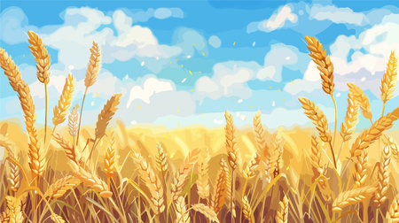 Ripe Wheat Spikes Standing Tall in a Vast Agricultural Field Under the Sunのイラスト素材
