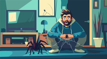 Anxious Man Faces Phobia with Tarantula at Homeのイラスト素材