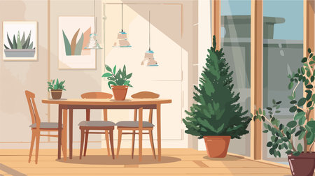 Small Fir Trees Adorn the Dining Room, Bringing Holiday Cheerのイラスト素材