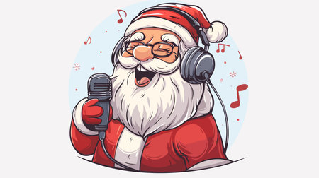 Santa Claus with Headphones and Microphone in a Festive Moodのイラスト素材