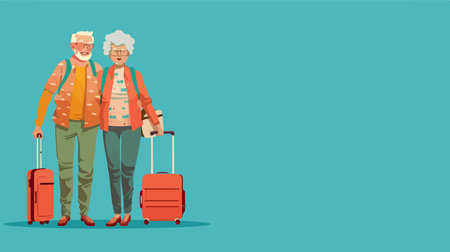 Senior Couple Traveling with Suitcases against Colorful Backgroundのイラスト素材
