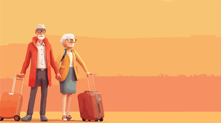 Senior Couple Traveling with Suitcases against Colorful Backgroundのイラスト素材