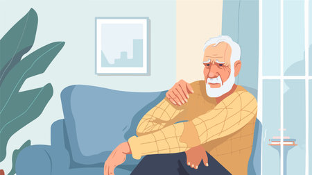 Senior Man Grimacing in Pain While Pointing to Elbow at Homeのイラスト素材