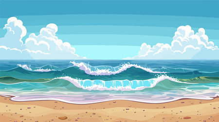 Cartoon Illustration of Ocean Waves Crashing onto a Sandy Tropical Beachのイラスト素材
