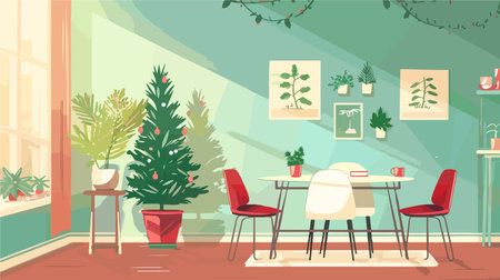 Small Fir Trees Adorn the Dining Room, Bringing Holiday Cheerのイラスト素材
