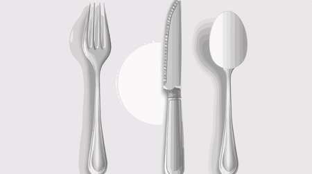 Pristine Silverware Duo: Shiny Knife and Fork on White Canvasのイラスト素材