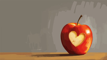 Carved Heart on Vibrant Red Apple against a Subtle Grey Backgroundのイラスト素材