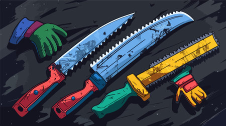 Vibrant Saws and Gloves Adorned on Textured Black Backgroundのイラスト素材