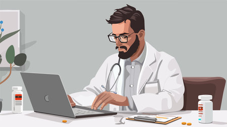 ** Professional Pharmacist Working at a Table with Medications and Laptop**のイラスト素材