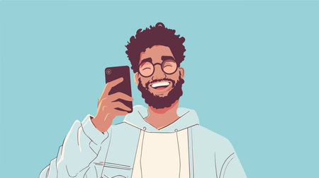 Person Captures Joyful Selfie Moment with Smartphone on Light Blue Backgroundのイラスト素材