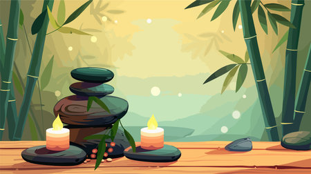Serene Spa Sanctuary: Bamboo, Stones, and Candle on Wooden Surfaceのイラスト素材