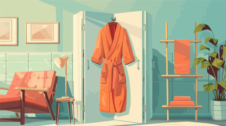 Soft and Comfortable Bathrobe Draped Over a Folding Screen in a Luxurious Bathroomのイラスト素材