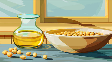 Close-up of a Bowl of Oil and Soybeans on a Gray Tableのイラスト素材