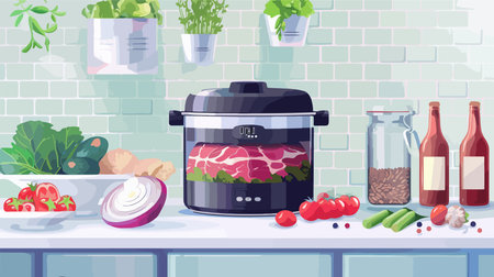 Sous Vide Cooker with Ingredients in Pot on White Tabletop