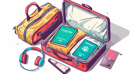 Essentials for a Comfortable and Connected Journey: Headphones, Travel Pillow, Passports, and Moreのイラスト素材