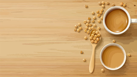 Rustic Wooden Table Setting with Creamy Beverage and Spoonのイラスト素材