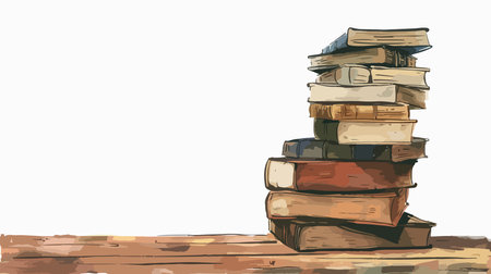 Stack of Vintage Books on Worn Wooden Table against White Backgroundのイラスト素材