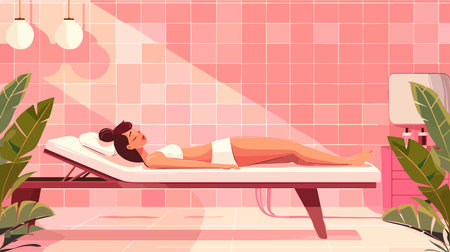 Serene Spa Therapy: Young Woman Relaxes on Massage Tableのイラスト素材