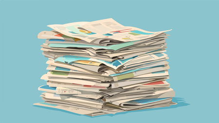 Stack of Newspapers Organized on a Light Blue Background for Journalistic Articlesのイラスト素材