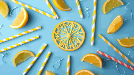 Refreshing Sun Art Made with Lemon and Cocktail Straws on Light Background