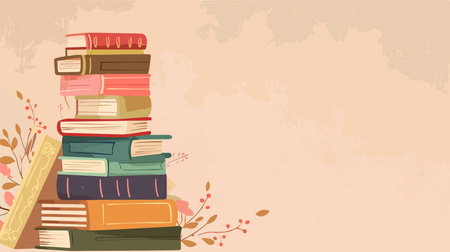 Eclectic Assortment of Books Displayed on Beige Background with Space for Textのイラスト素材