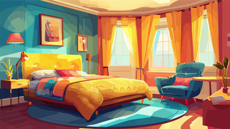 Stylish and Comfortable Bedroom Interior Cartoon Design with Large Bedのイラスト素材
