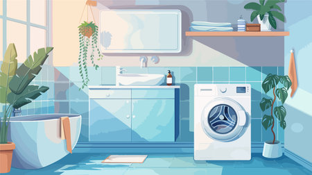 Stylish Modern Bathroom Interior Featuring a Washing Machineのイラスト素材