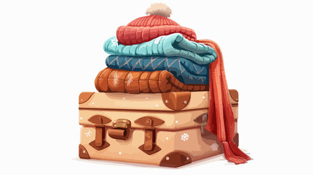 Insulated Suitcase with Winter Clothing Isolated on White Background