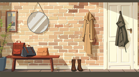 Stylish Hallway Featuring Coat Rack Mirror and Ample Shoe Storageのイラスト素材