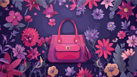 Stylish Women's Bag with Vibrant Floral Embellishments on a Violet Backgroundのイラスト素材