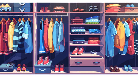 Showcase of Stylish Clothes, Footwear, and Accessories in an Impressive Wardrobeのイラスト素材