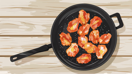 Crispy and Golden Cooked Cracklings Sizzling in a Frying Panのイラスト素材